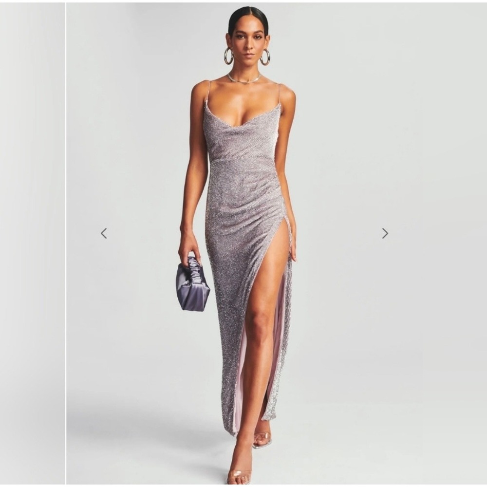 Retrofete Katya Sequin Ruched Cowl Neck High Slit Gown Dusty‎ Lilac Medium